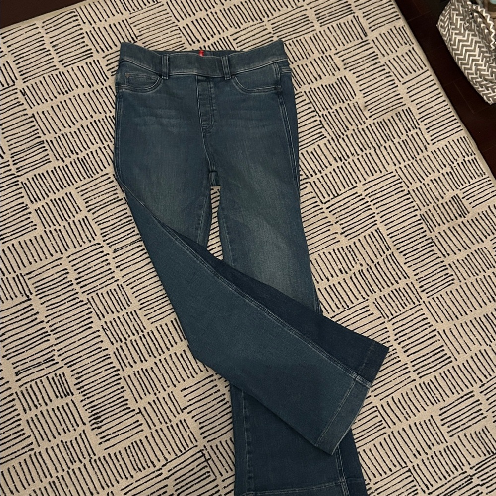 SPANX Women's Flare Jeans in Blue, pull on stretch